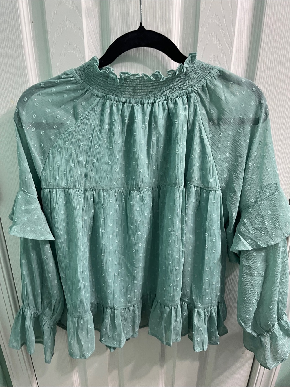 Simplee Apparel Aqua Colored Smocked Ruffle Peasant Blouse - Picture 4 of 5